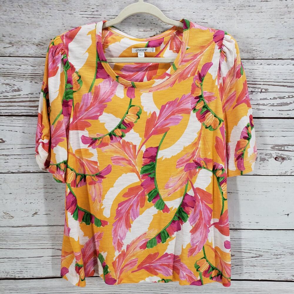 Chico's Women's Gathered Sleeve Foliage Slub Tee Size 3 US. XL